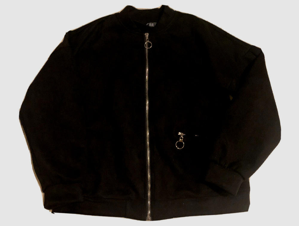 CBR Womens Dark Faux Suede Bomber Jacket Size Medium Black Cottage Core Biker